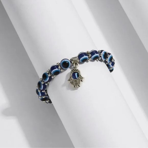 Lucky Blue Evil Eye Beaded Protection Bracelet Bangle - Picture 1 of 7